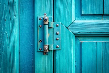 Fototapeta premium Cyan Blue Door Stock Photo - Vibrant Teal Door Image, Painted Front Door, Exterior House Door, Home Entrance, Modern Door Design, Stylish Doorway