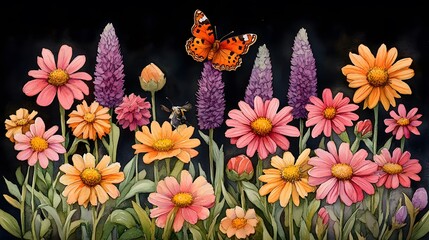 Watercolor painting of a garden filled with vibrant flowers and butterflies celebrating spring
