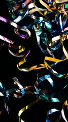 Multicolored Shimmering Ribbons on Black Background