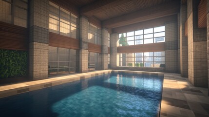 Fototapeta premium Luxurious indoor swimming pool with city view.