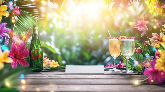 Tropical scene with cocktails, bottle, flowers and empty name card.