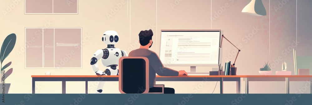 Aufkleber Collaboration between human and robot at desk for joint project in modern workspace. Generative AI