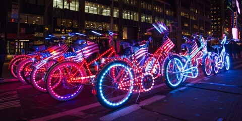 Colorful neon-lit bicycles adorned with American flags on a bustling city street at night, showcasing urban nightlife and patriotic spirit.