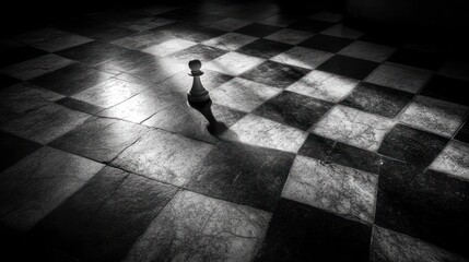 Chess pawn standing on dark, checkered floor.