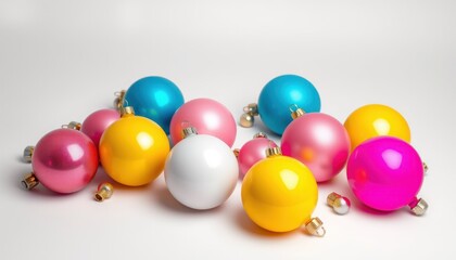 Colorful decorative Christmas ornaments in various shades arranged on a light background.