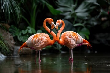 A pair of vibrant orange flamingos in a lush tropical setting, their necks gracefully forming a heart shape as they stand in shallow water, reflecting elegance and love