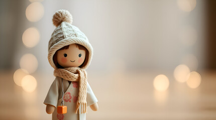 A whimsical doll with a warm hat and scarf, showcasing a charming and cozy design