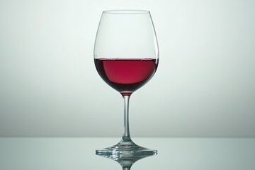 single wine glass filled with red wine resting on smooth reflective surface under warm directional light