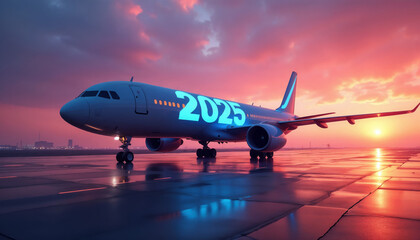 Obraz premium Passenger airplane on runway with '2025' glowing on fuselage.Future. Innovation. Milestones.New year celebration, aviation concept, future goals, milestone advertisement.