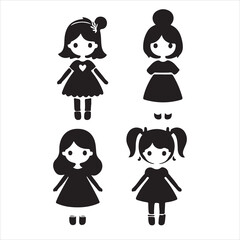 Charming Black Silhouette Little Girls Illustrations Set Two