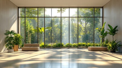 Fototapeta premium A spacious room with large windows showcasing lush greenery outside.