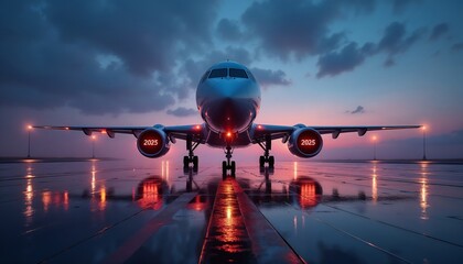 Airplane on wet runway at sunset with glowing lights.Ambition. Progress. Journey to the future.Travel ad, airline promotion, tourism campaign, event branding, aviation concept.


