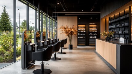 Modern hair salon interior with stylish chairs, large windows, and wooden accents.