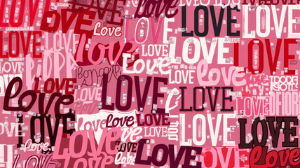 pink background filled with the word "love" written in multiple fonts and colors, creating a vibrant and playful design, perfect for valentine?s day, celebrations, or romantic themes