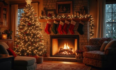 Cozy Christmas living room scene with tree