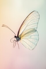 translucent butterfly wing captured mid-motion with soft sunlight casting faint shadow on pastel backdrop