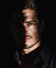 Obraz premium Confident businessman with strong gaze posing in dark environment with dramatic light on his face