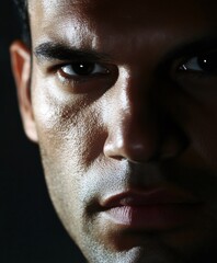 Obraz premium Serious Hispanic male with penetrating dark eyes displaying unwavering confidence and intense emotional depth