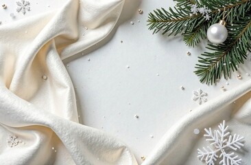 Frame of white silk tranny lying in folds, fir branches and decorations. Space for text or product in the center