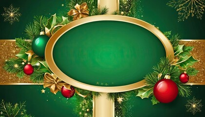 Green Background for New Year or Christmas banner with frame of fir tree branches and festive balls. Place for text