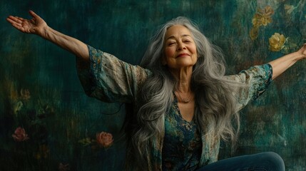 Older woman with arms spread, against painted background.