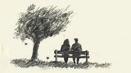 Obraz premium A simple drawing of two people sitting on a bench, holding hands and watching the world go by