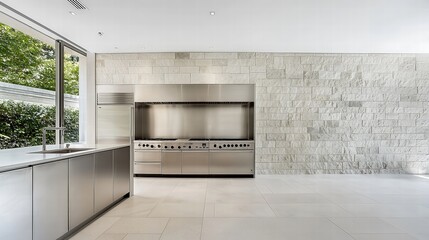 An airy kitchen space with contemporary stainless steel appliances, complemented by a stunning stone backsplash that enhances the sophisticated aesthetic. The scene is well-lit to highlight the