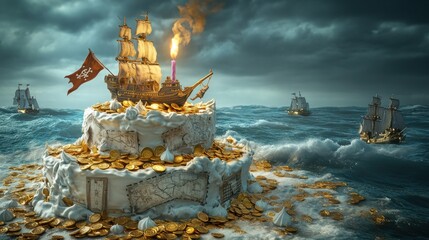 Pirate ship cake on stormy sea with other ships.