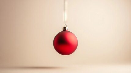 A red ornament hanging from a string. The ornament is suspended in midair, creating a sense of lightness and joy