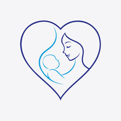 happy mother and baby icon logo design. badges for children store & baby care center. mom & baby line art illustration