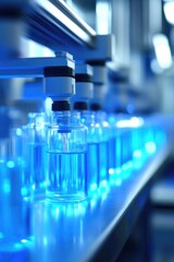 Automated Bottling Line with Blue Illumination in Modern Factory