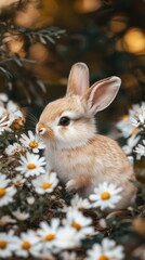 Fototapeta premium Adorable Baby Bunny Amidst Blooming Daisies in a Sunlit Meadow
