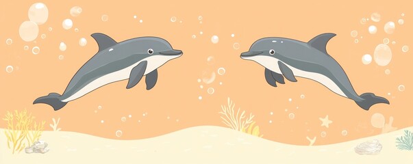 Fototapeta premium Two dolphins swim underwater with bubbles and seabed details.