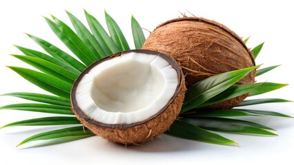 Coconut on white background with tropical elements