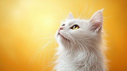 A hand drawn illustration of a white cat with intricate patterns on its fur, against a vibrant yellow background, showcasing the graceful and elegant nature of the feline form.