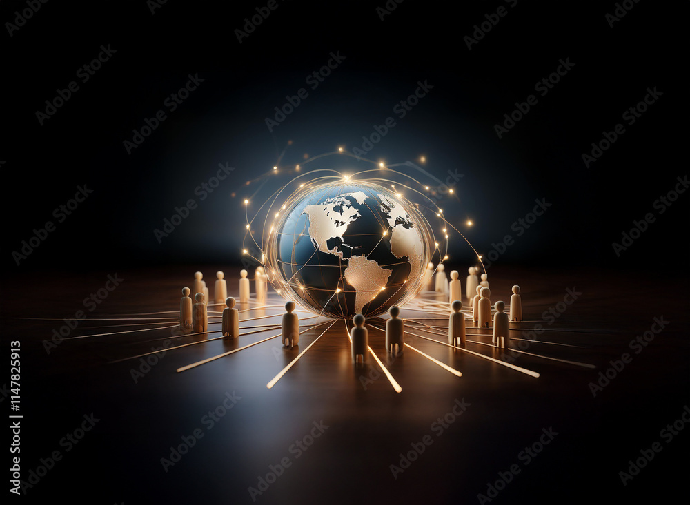 Aufkleber A luminous globe encircled by interconnected glowing lines, surrounded by small figures symbolizing global communication and connection.  The scene is dark, emphasizing the network's centrality.