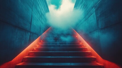 Neon-lit stairs ascend into smoky darkness.