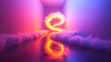 spiral of neon-colored mist forming abstract shape over reflective surface under dim lighting
