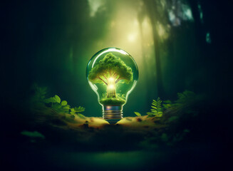 A glowing light bulb nestled in a forest, contains a miniature, vibrant tree, symbolizing nature's power and sustainable energy.