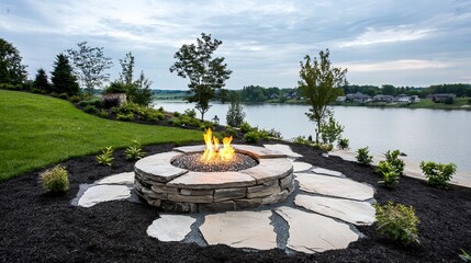 A striking image of a modern yet rustic fire pit composed of stone and metal, placed artfully among a backdrop of natural elements. The inviting flames provide a warm contrast against the cool colors