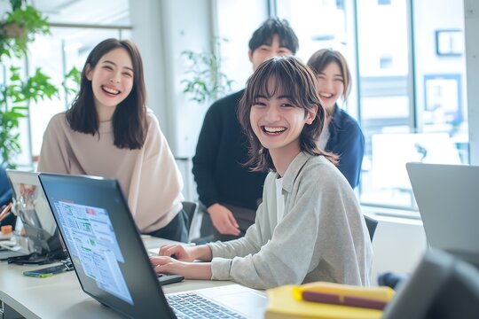 Progressive Thought and Action: Japanese Professionals in a Bright Collaborative Space,明るい協力的なスペースでの日本のプロフェッショナルたちの進歩的な思想と行動.Generative AI