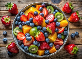 Obraz premium Delicious Fruit Salad Photography: Vibrant Summer Fruits on Rustic Wooden Background