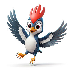 Obraz premium Colorful, full-body cartoon woodpecker flying, isolated on a white background.
