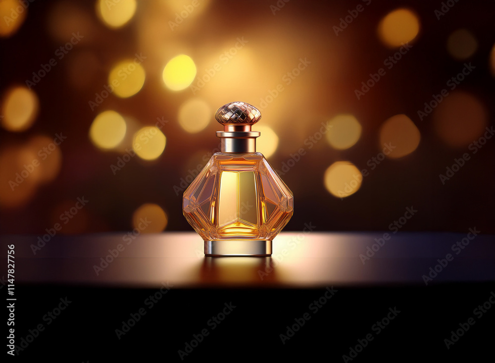 Poster a luxurious perfume bottle with a gold cap sits on a dark surface, illuminated by warm, bokeh lights