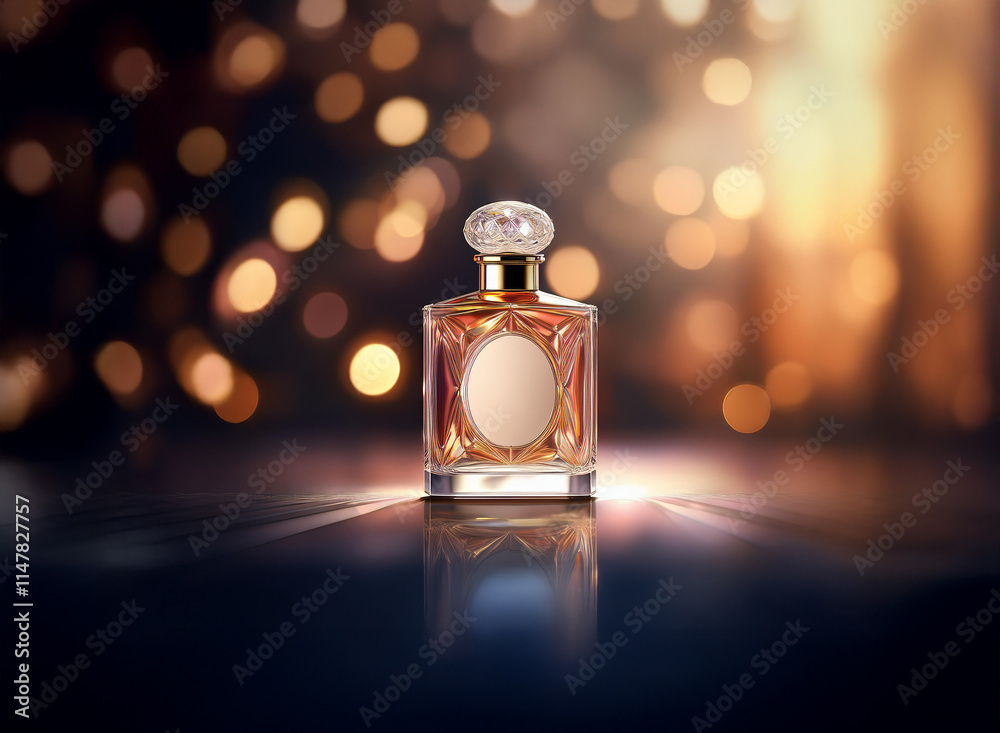 Aufkleber a luxurious perfume bottle sits on a dark surface, illuminated by warm, glowing bokeh lights. its am