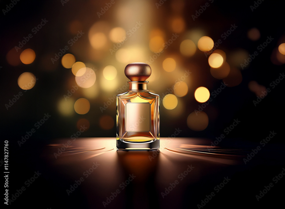 Poster a luxurious amber perfume bottle sits center stage, illuminated against a bokeh backdrop of warm gol