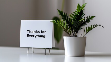 A minimalist greeting card with a clean, modern design and the message "Thanks for Everything" in bold typography, placed on a white table.