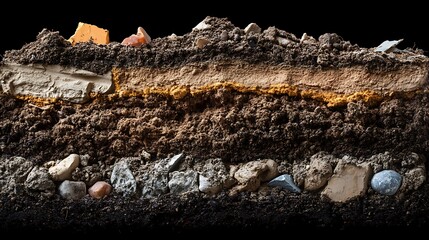 Soil Cross-Section: Revealing Layers of Urban Debris & Sediment AI Generated