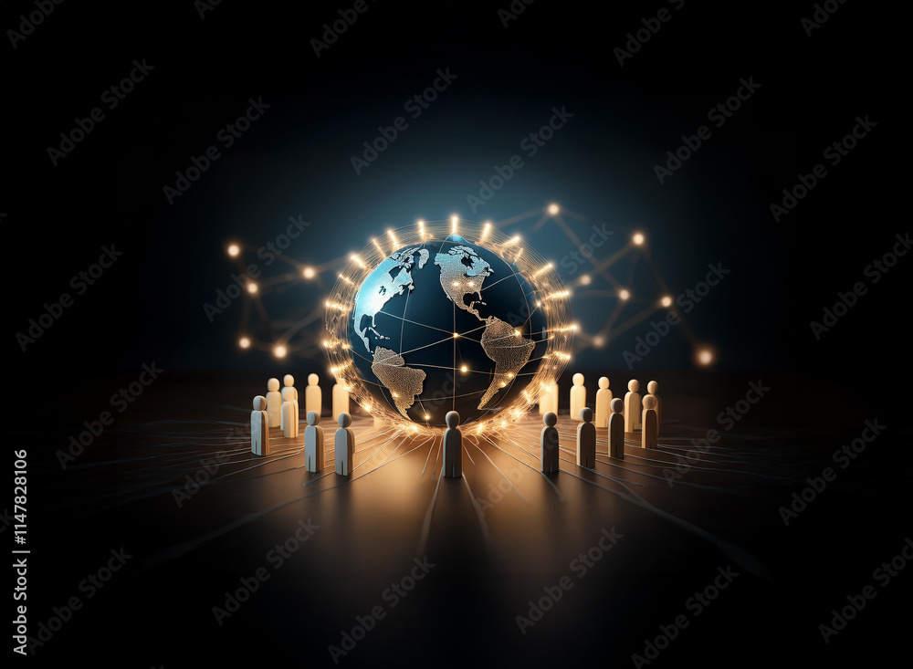 Aufkleber a glowing earth encircled by interconnected nodes and surrounded by small figures, symbolizing globa