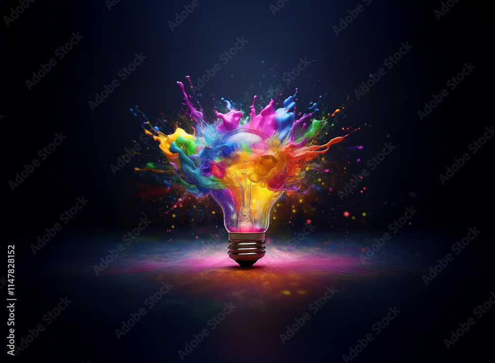 Poster a vibrant lightbulb explodes in a colorful paint splash, symbolizing creative inspiration and innova